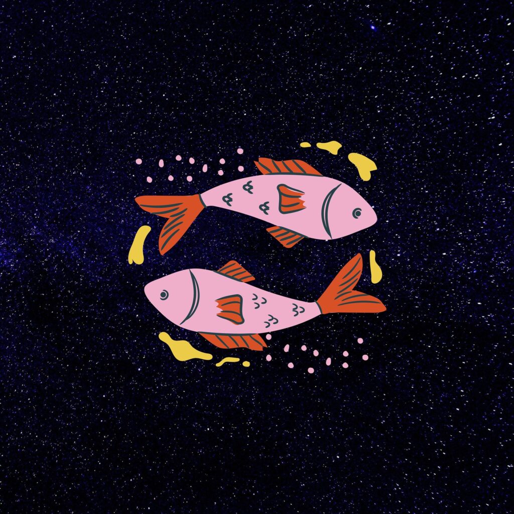 Image of a fish swimming in opposite directions with alt text: "Pisces zodiac sign represented by two fish swimming in opposite directions symbolizing their dual nature